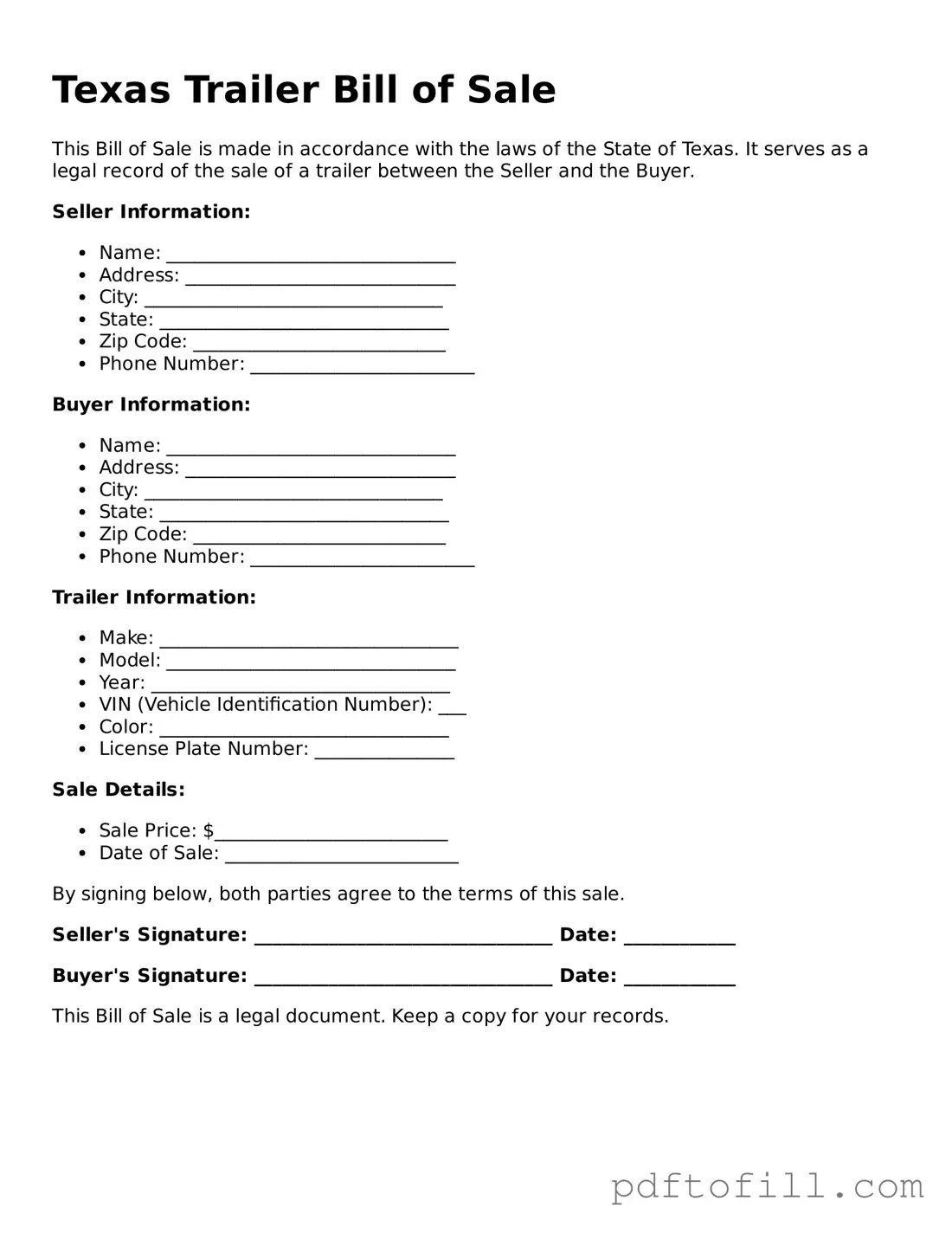 Official Texas Trailer Bill of Sale Form