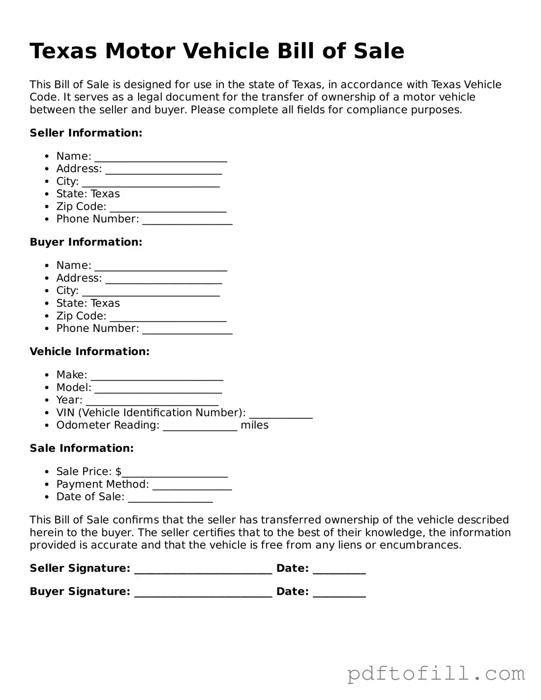 Official Texas Motor Vehicle Bill of Sale Form
