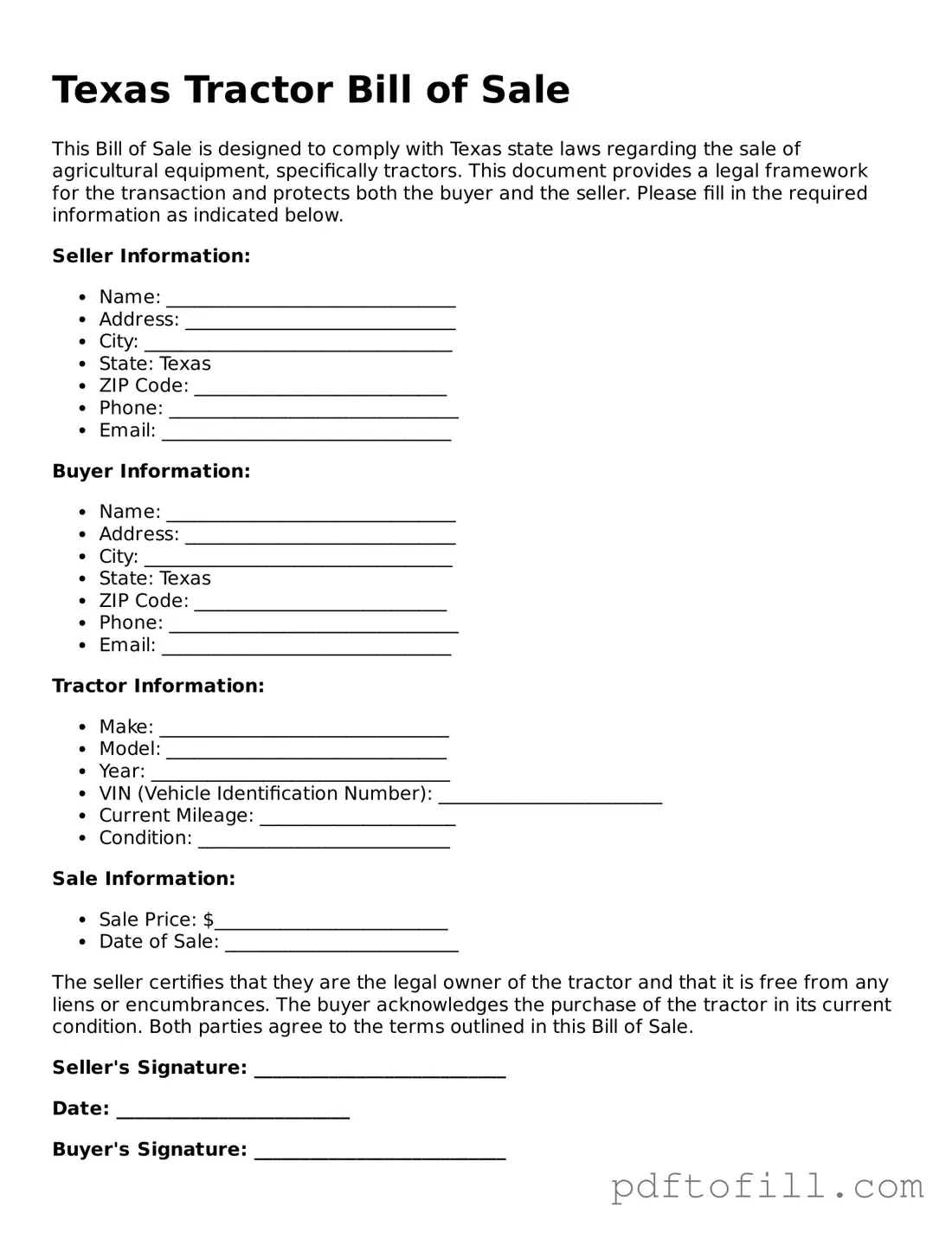 Official Texas Tractor Bill of Sale Form
