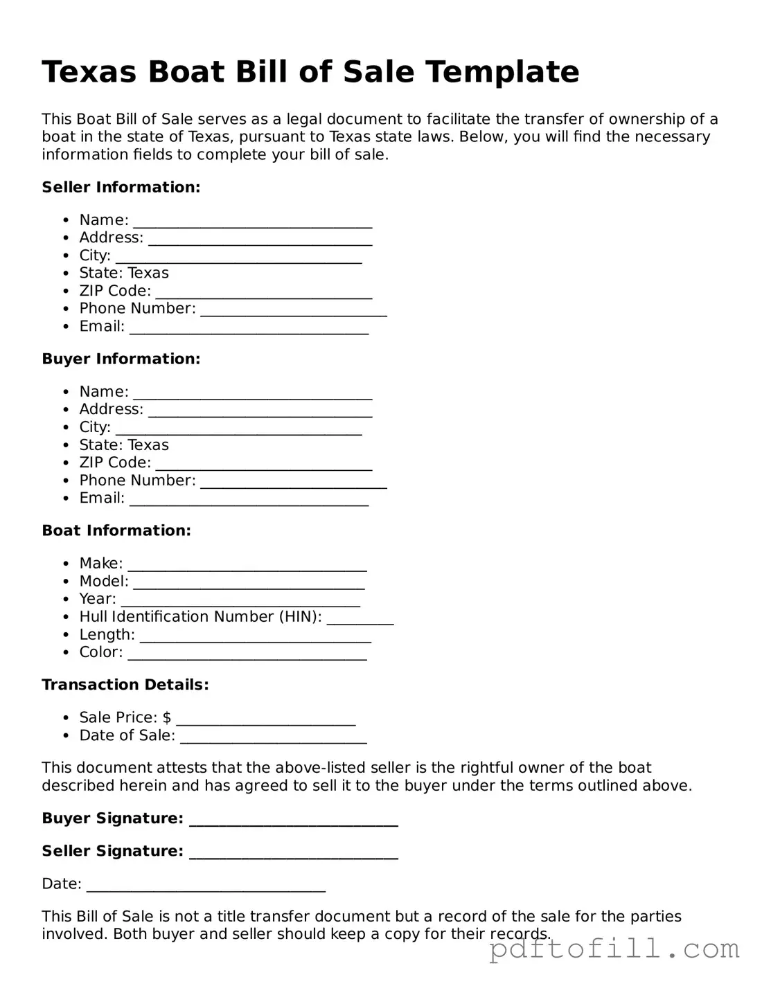 Official Texas Boat Bill of Sale Form