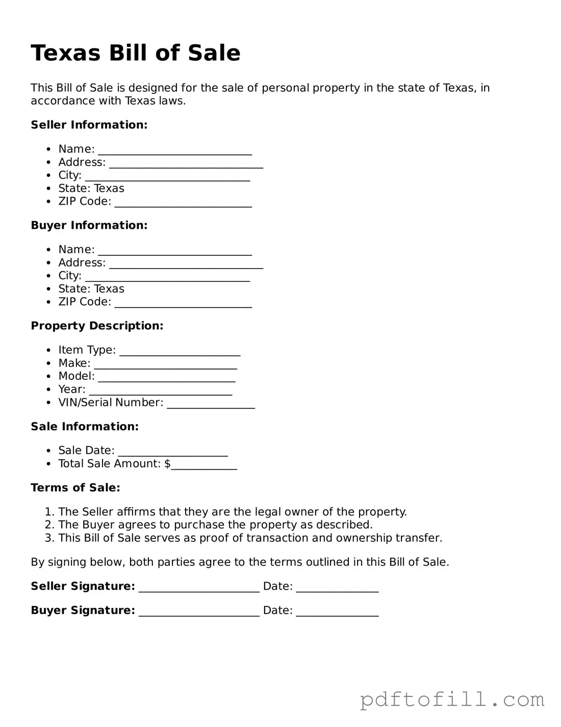Official Texas Bill of Sale Form