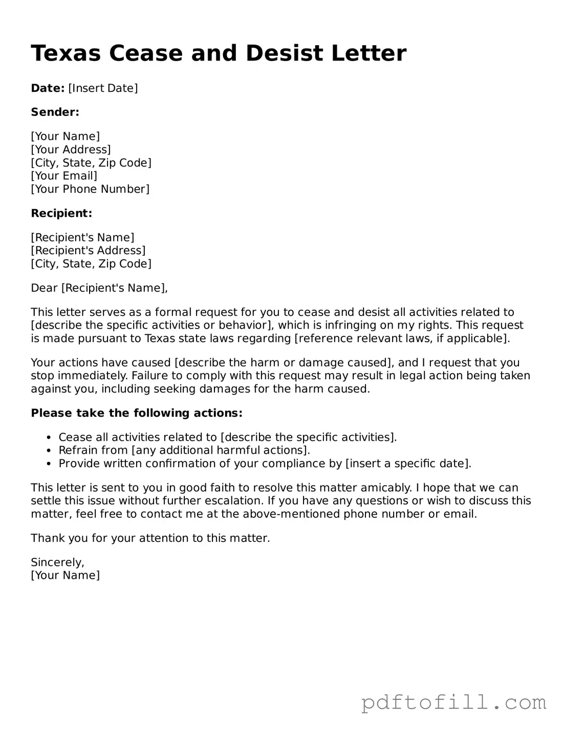 Official Texas Cease and Desist Letter Form