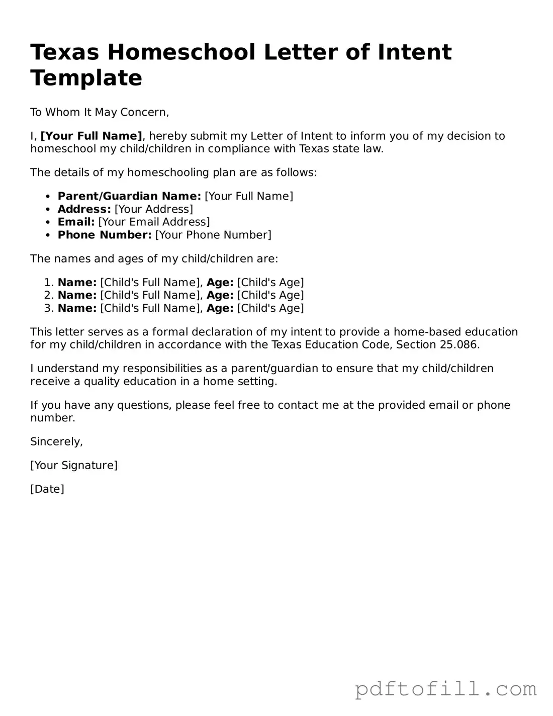 Official Texas Homeschool Letter of Intent Form