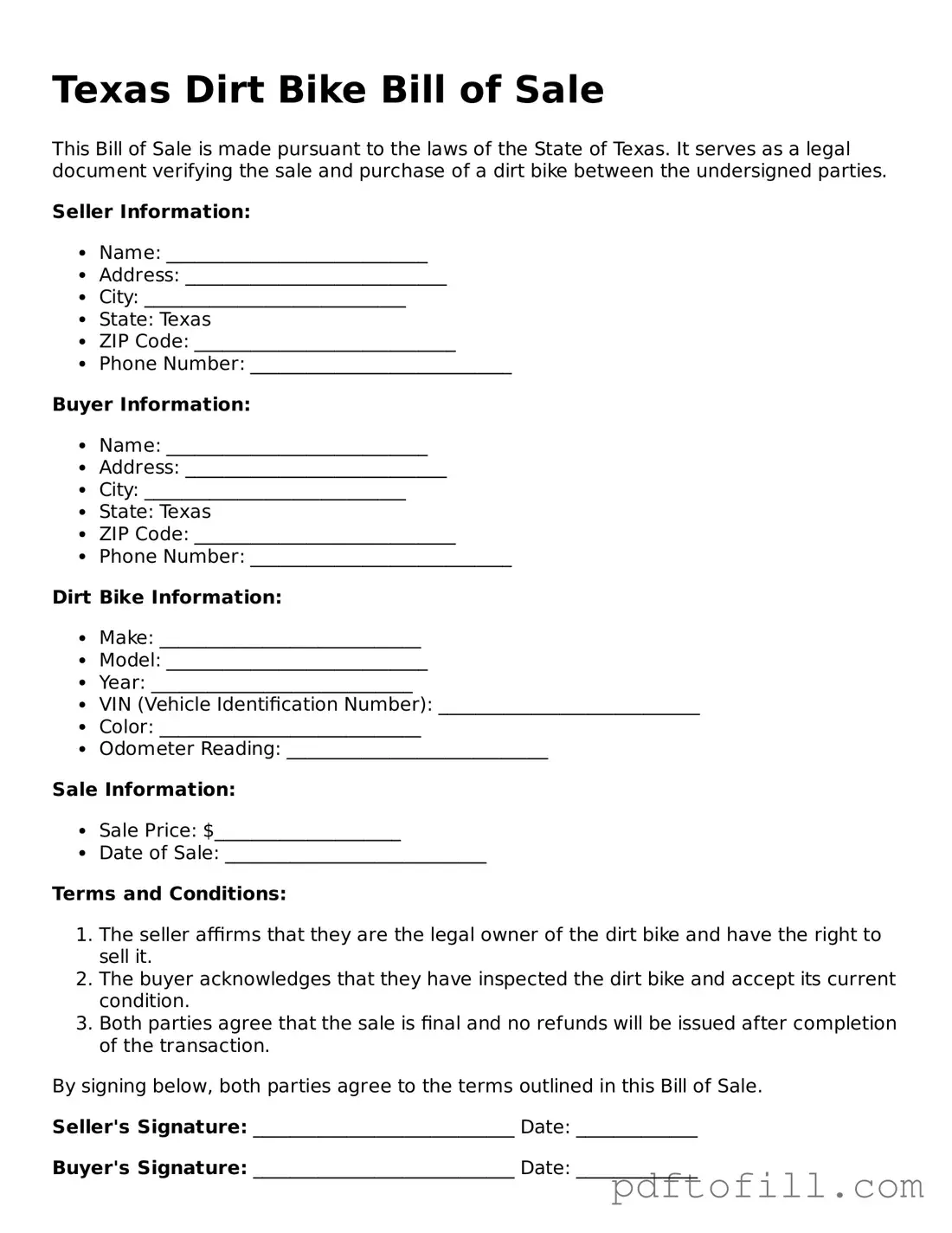 Official Texas Dirt Bike Bill of Sale Form