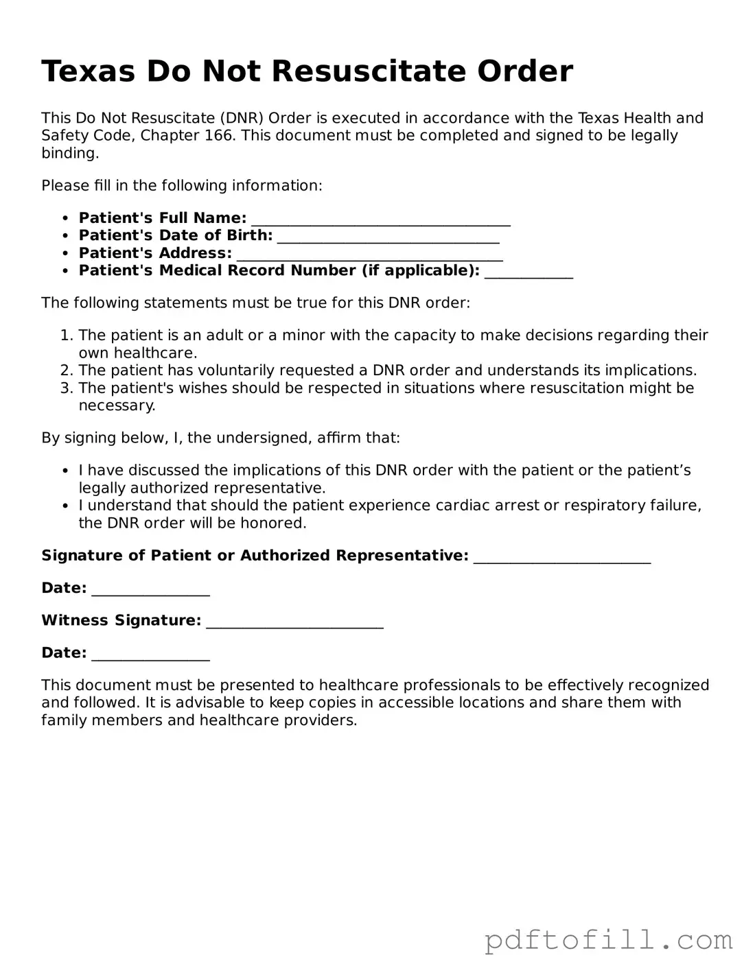 Official Texas Do Not Resuscitate Order Form