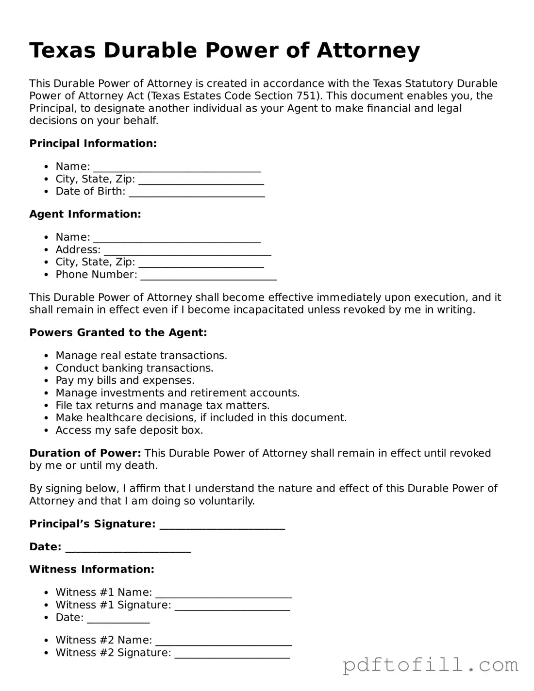 Official Texas Durable Power of Attorney Form