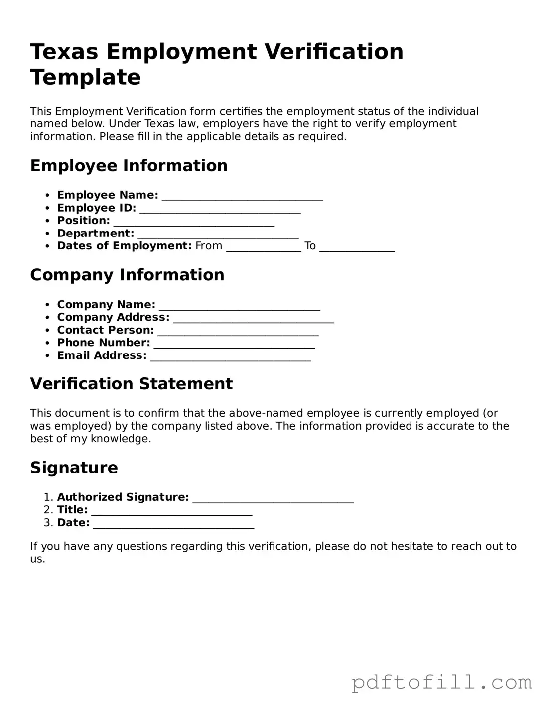 Official Texas Employment Verification Form