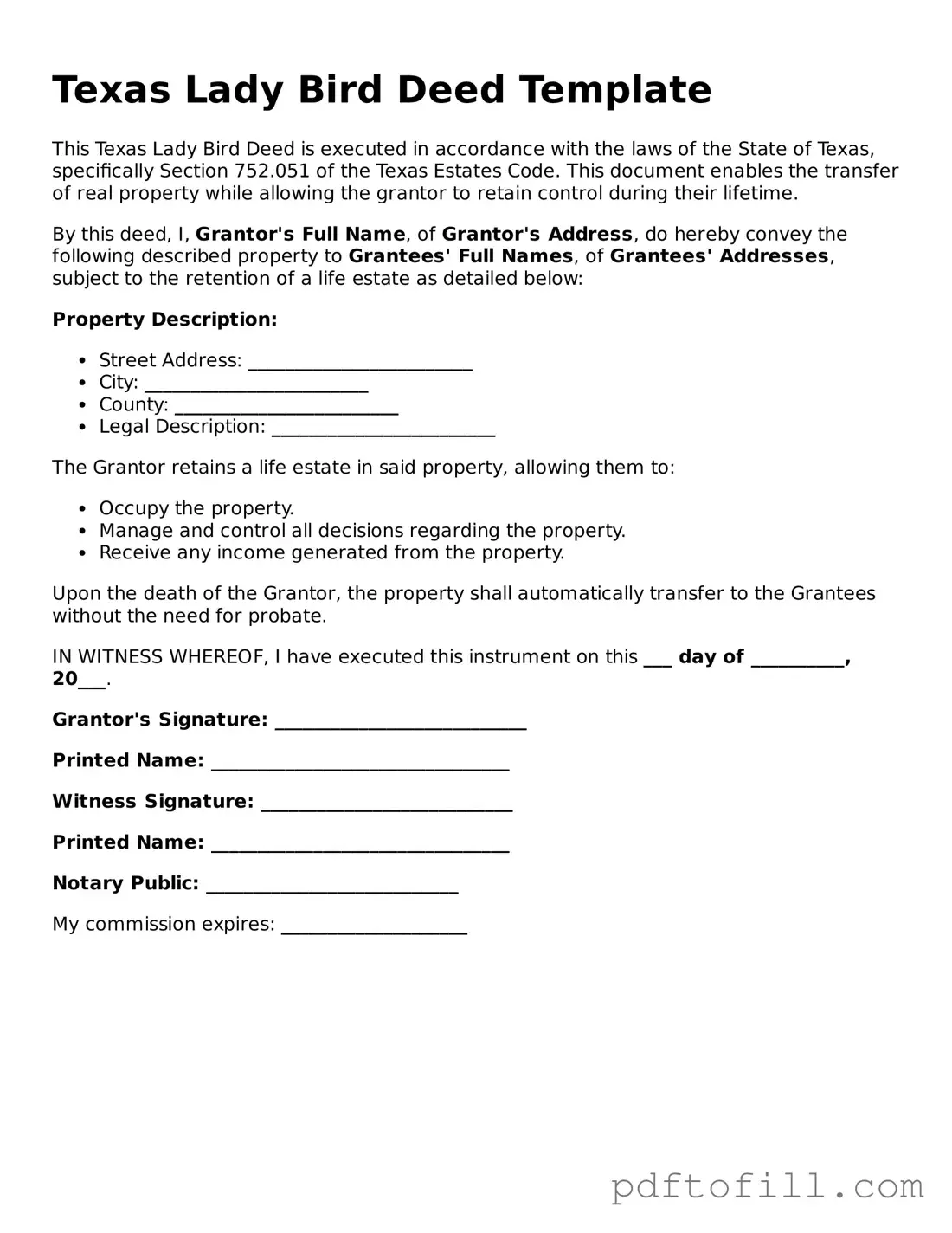 Official Texas Lady Bird Deed Form