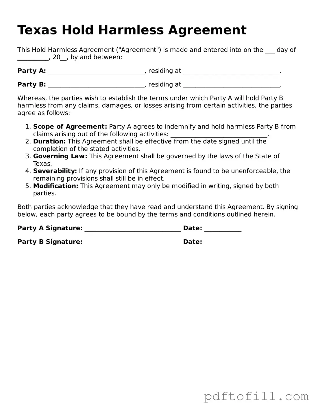 Official Texas Hold Harmless Agreement Form