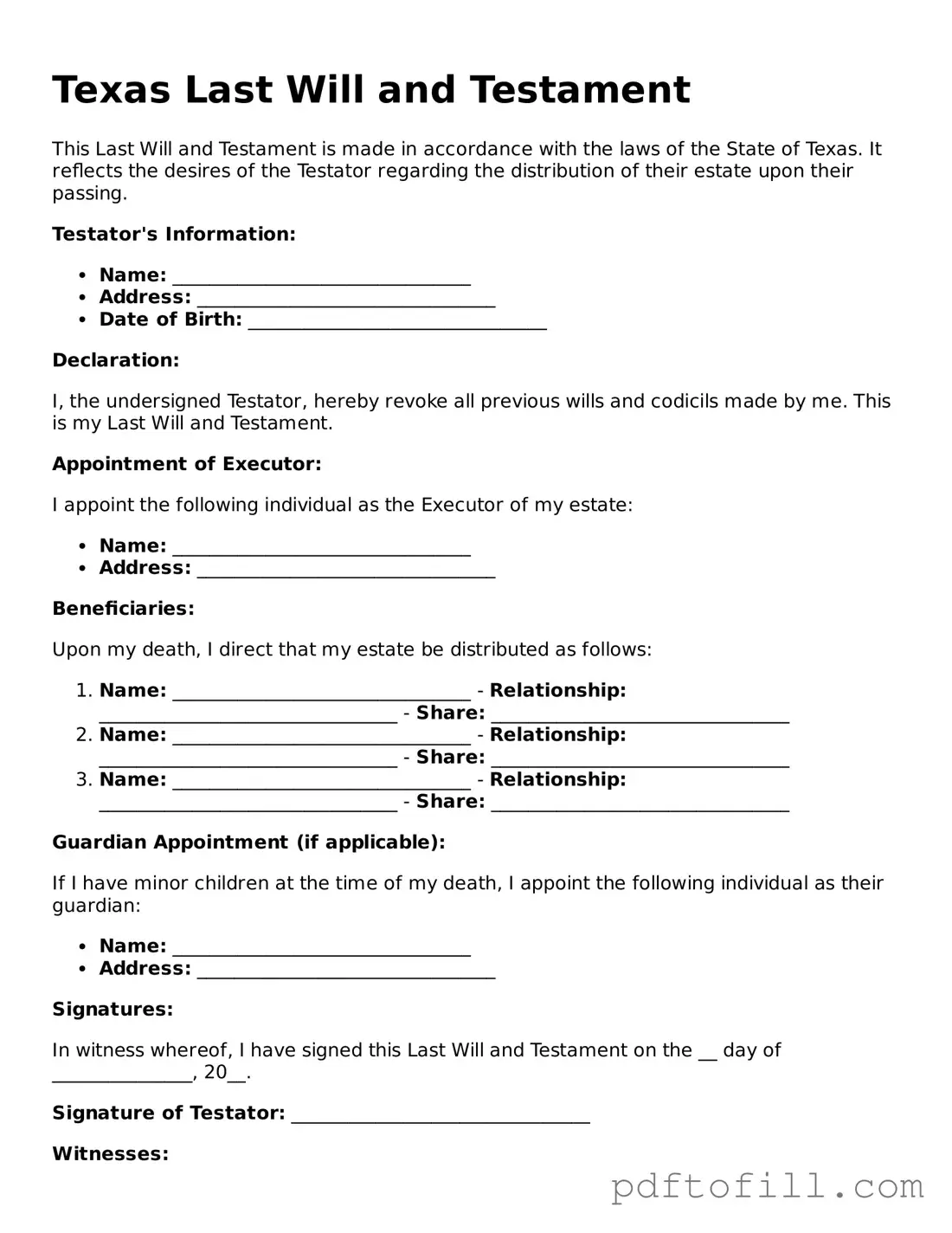 Official Texas Last Will and Testament Form