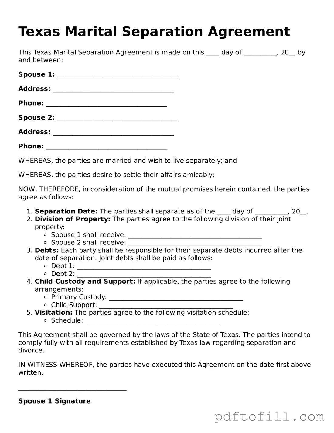 Official Texas Marital Separation Agreement Form
