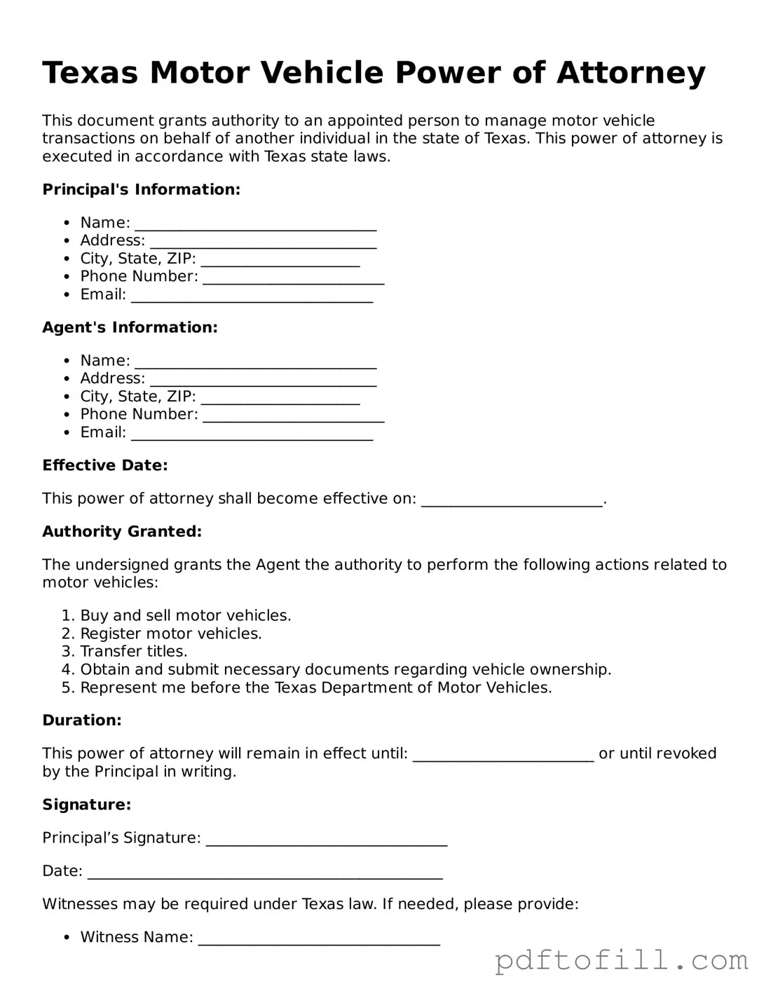 Official Texas Motor Vehicle Power of Attorney Form