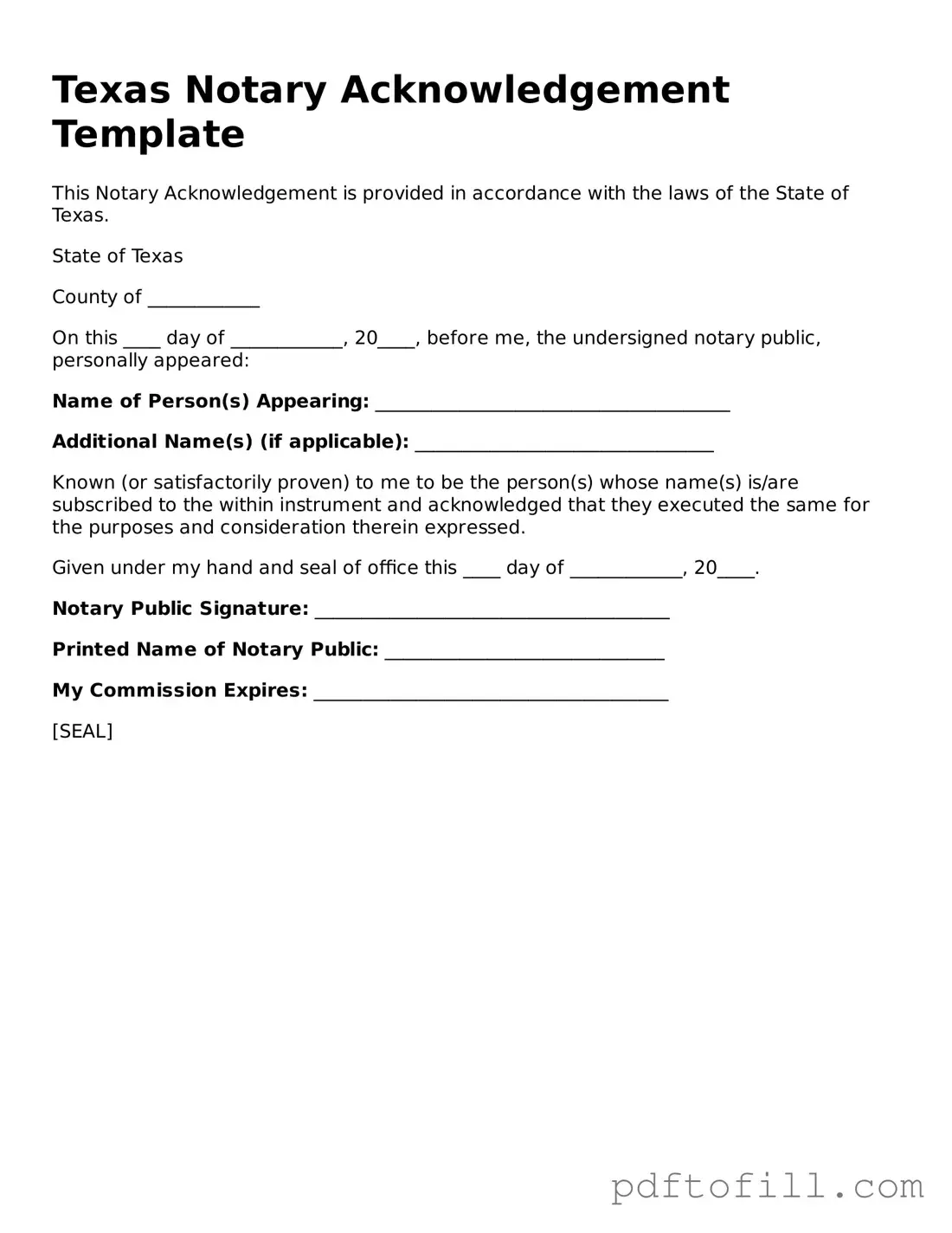 Official Texas Notary Acknowledgement Form