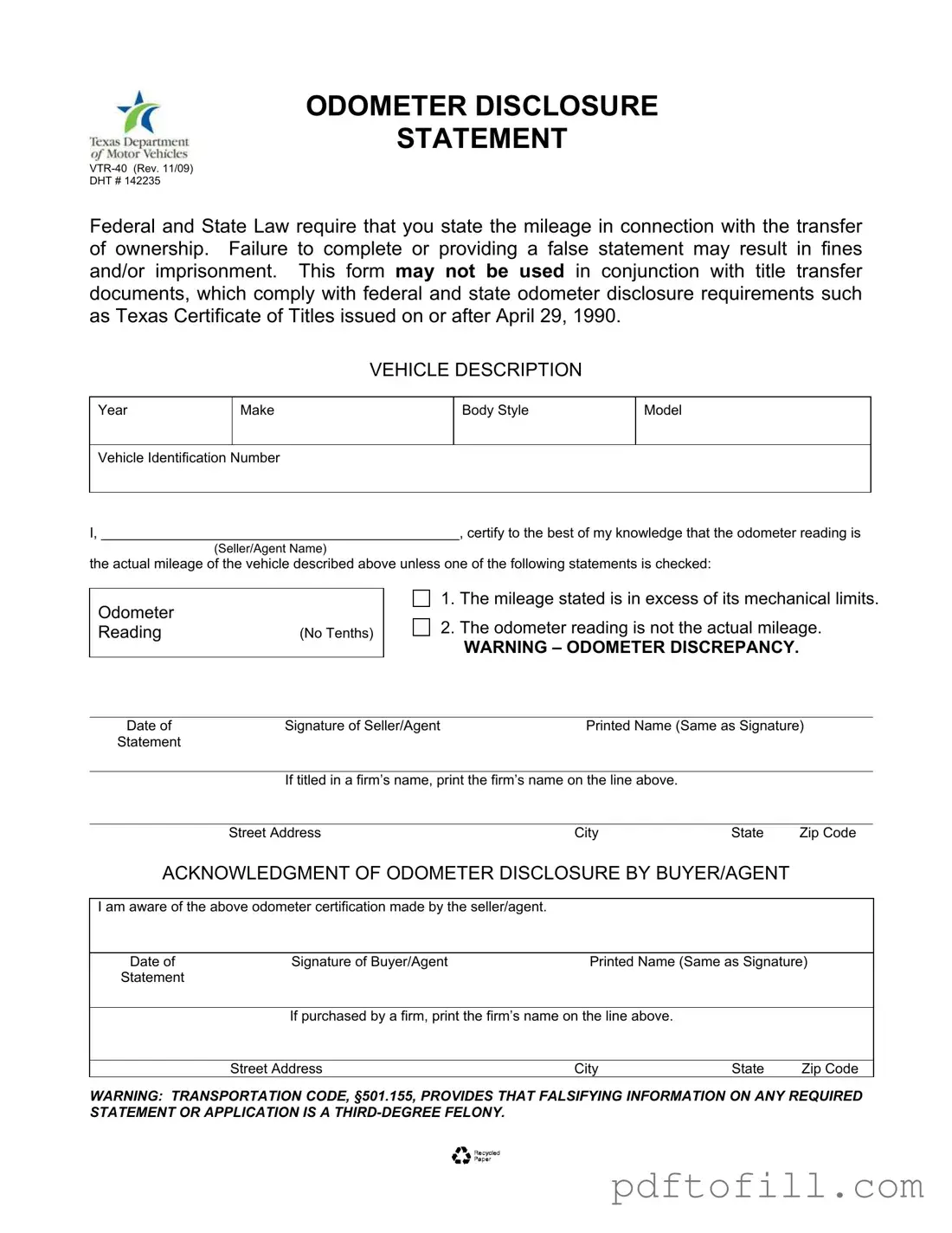 Free Texas Odometer Statement PDF Form
