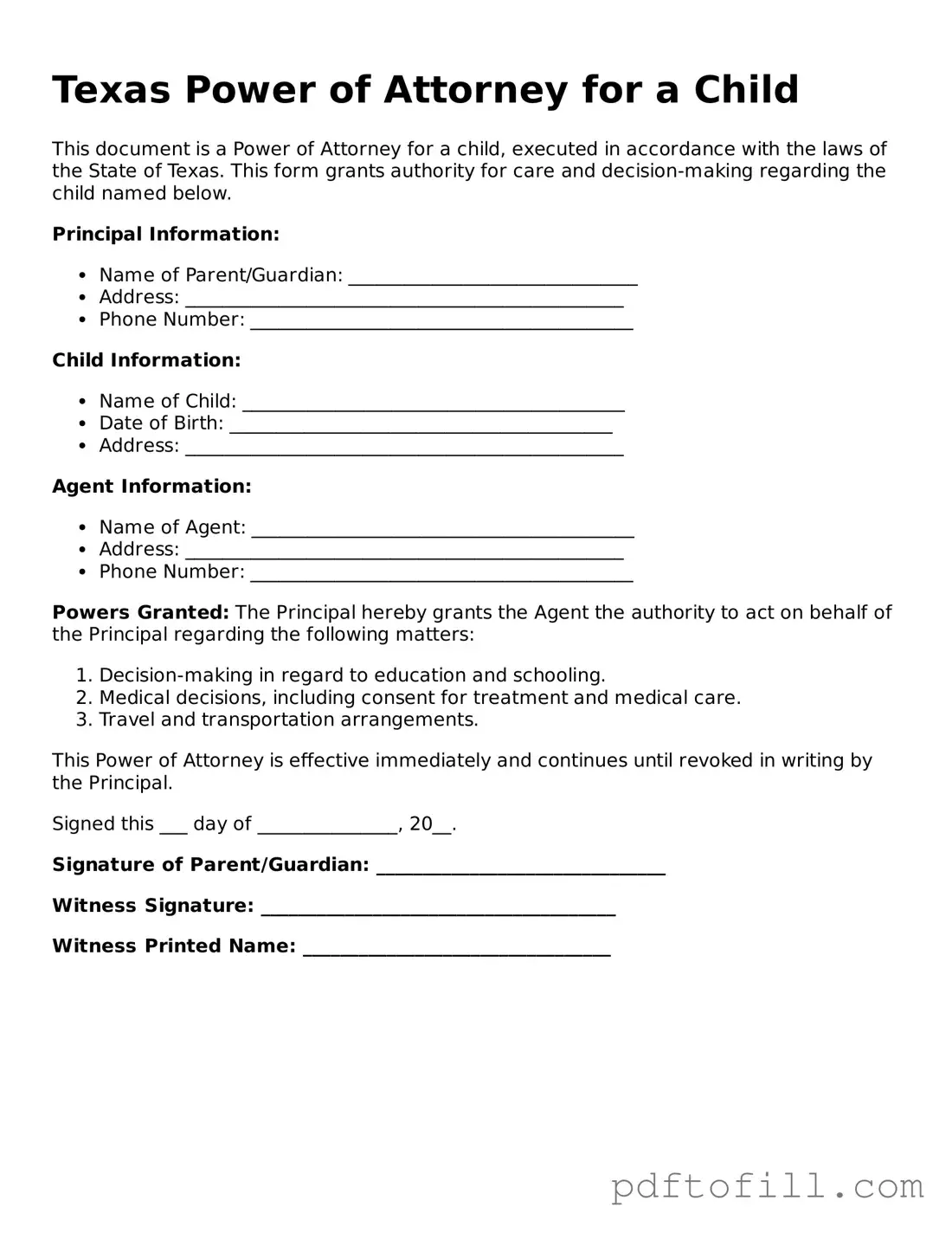 Official Texas Power of Attorney for a Child Form