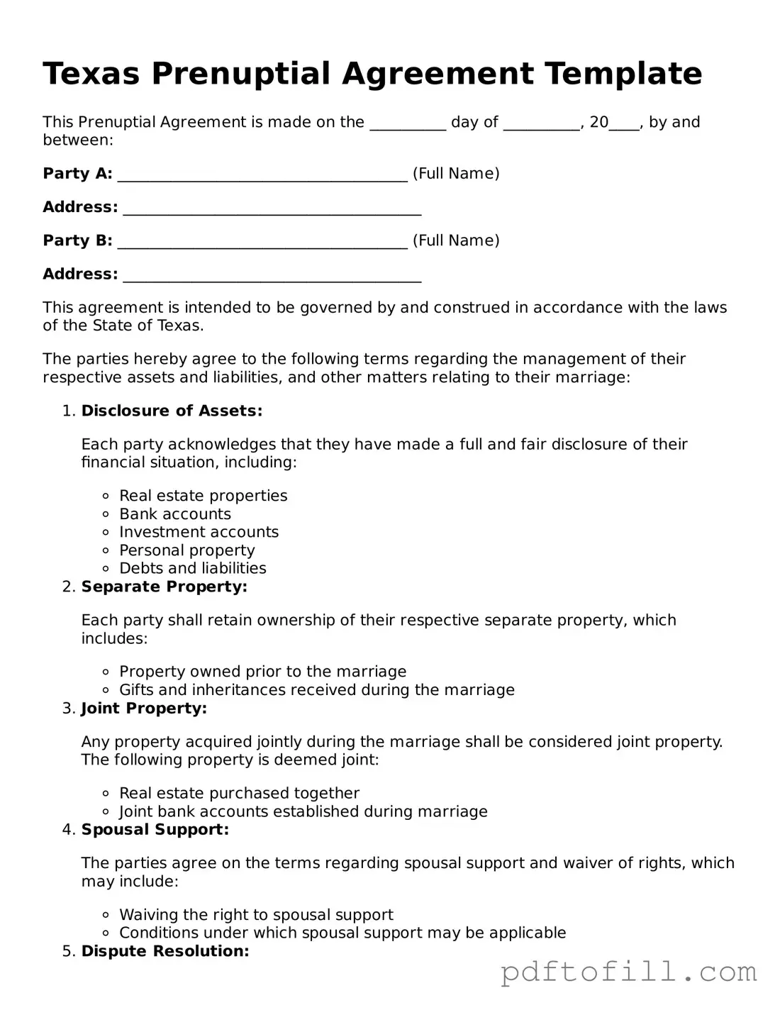 Official Texas Prenuptial Agreement Form
