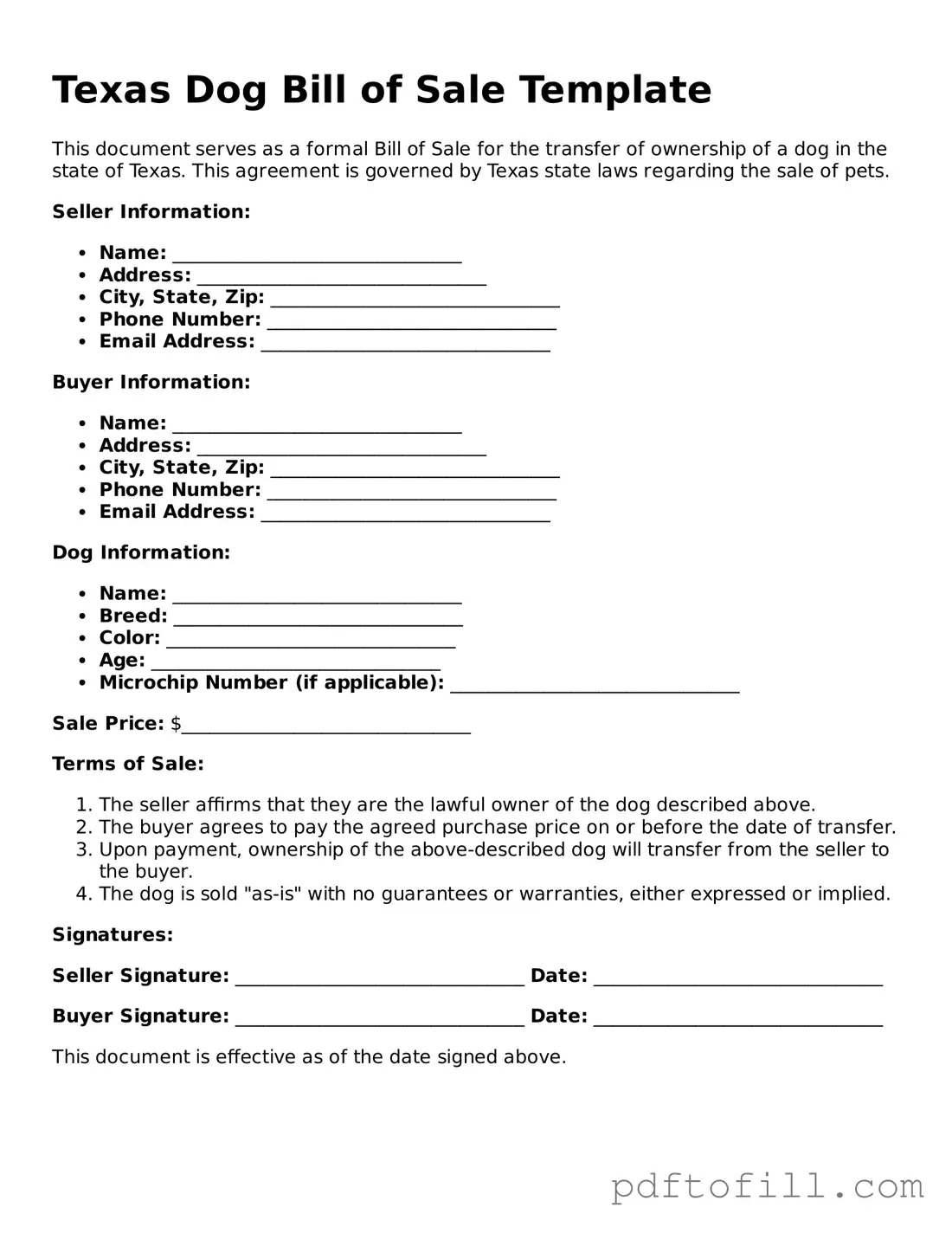 Official Texas Dog Bill of Sale Form