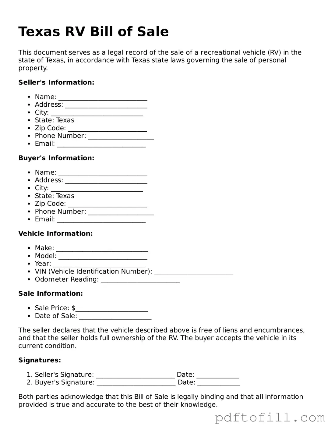 Official Texas RV Bill of Sale Form