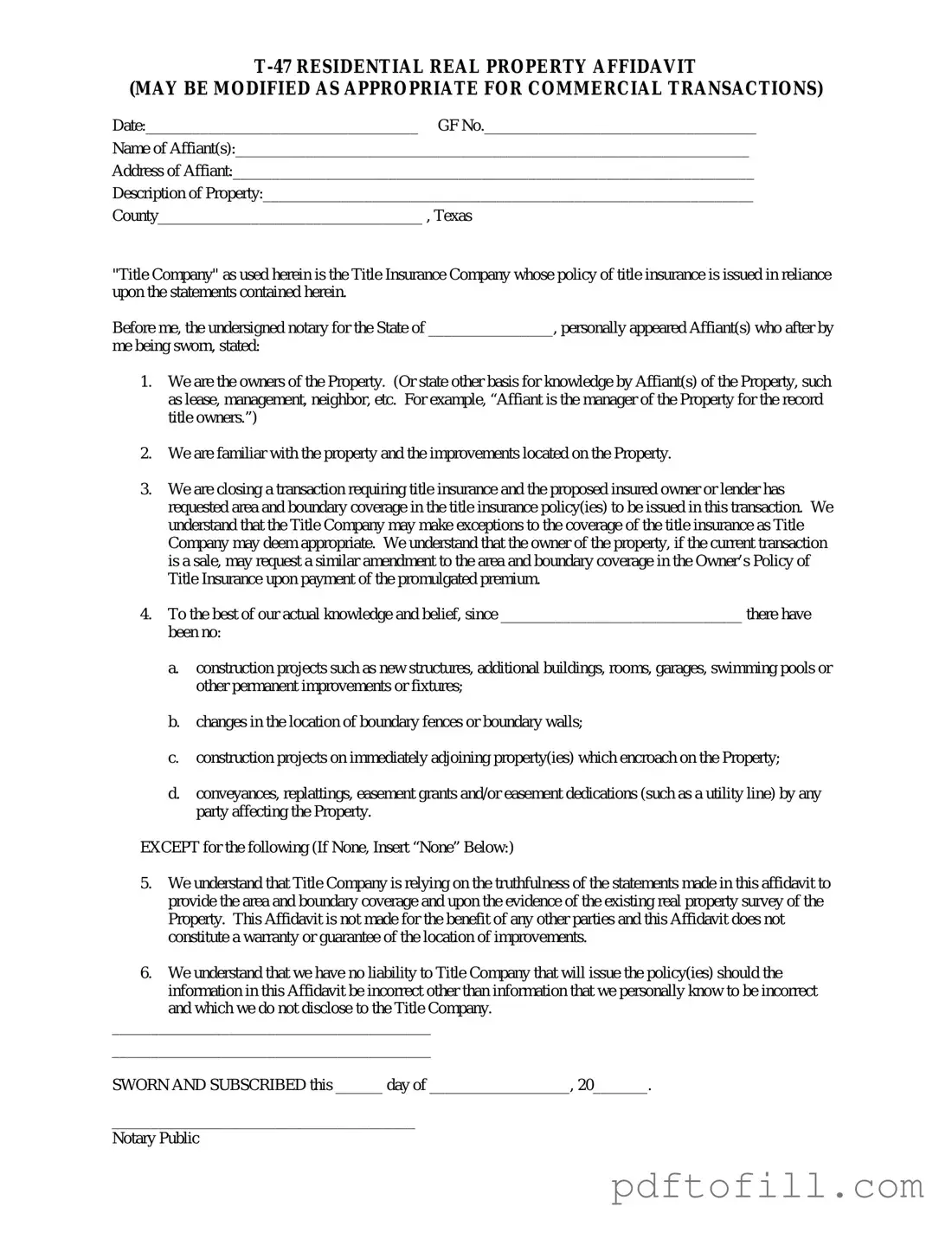 Free Texas residential property affidavit T-47 PDF Form