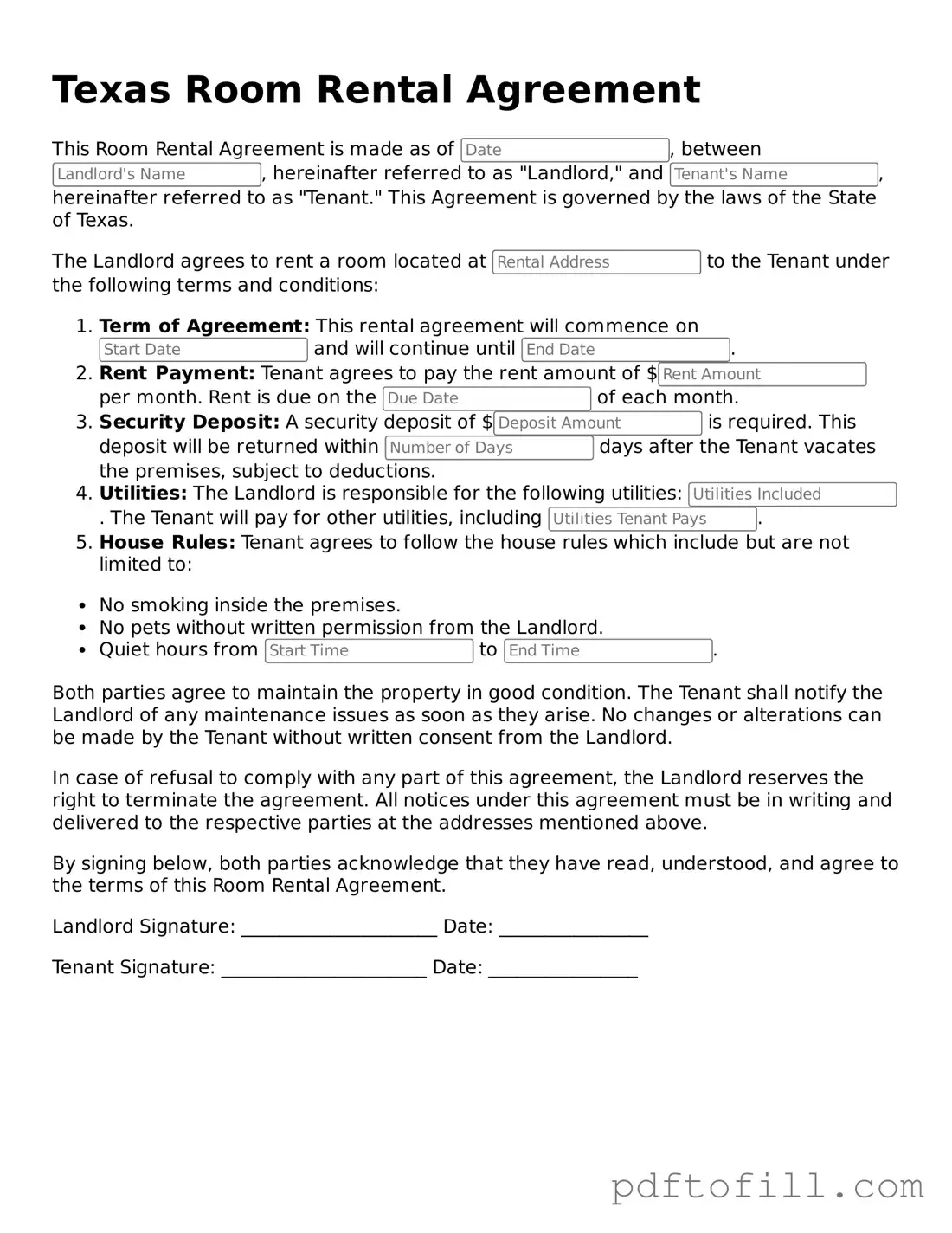 Official Texas Room Rental Agreement Form