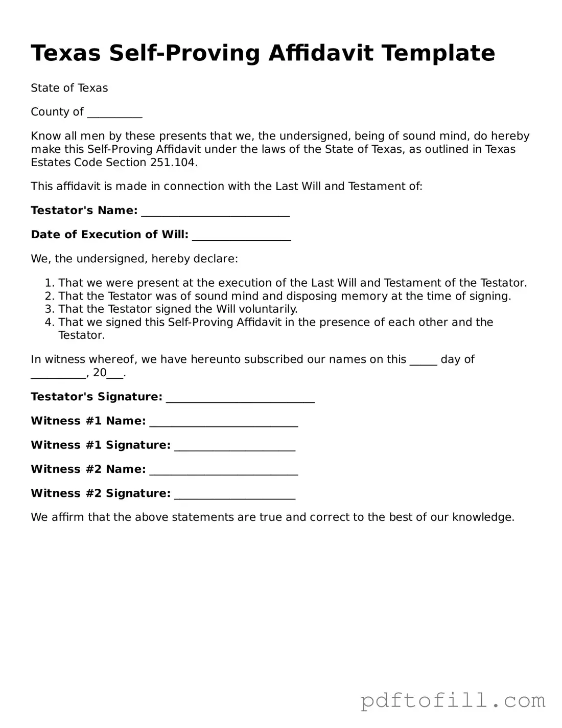 Official Texas Self-Proving Affidavit Form