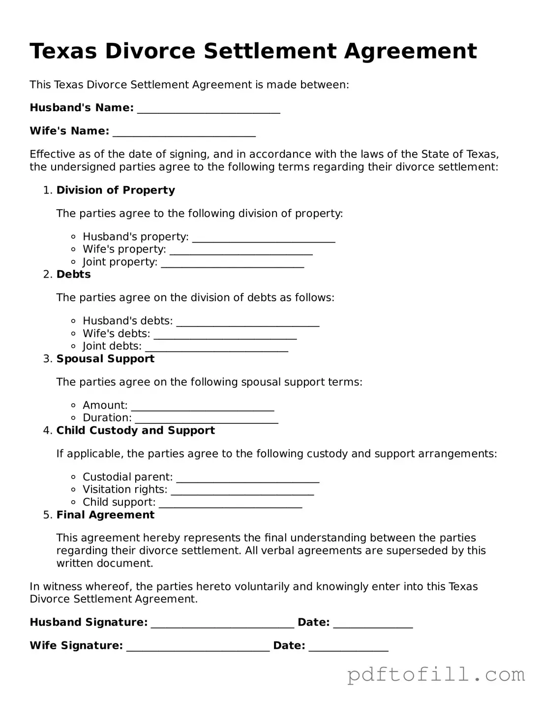 Official Texas Divorce Settlement Agreement Form