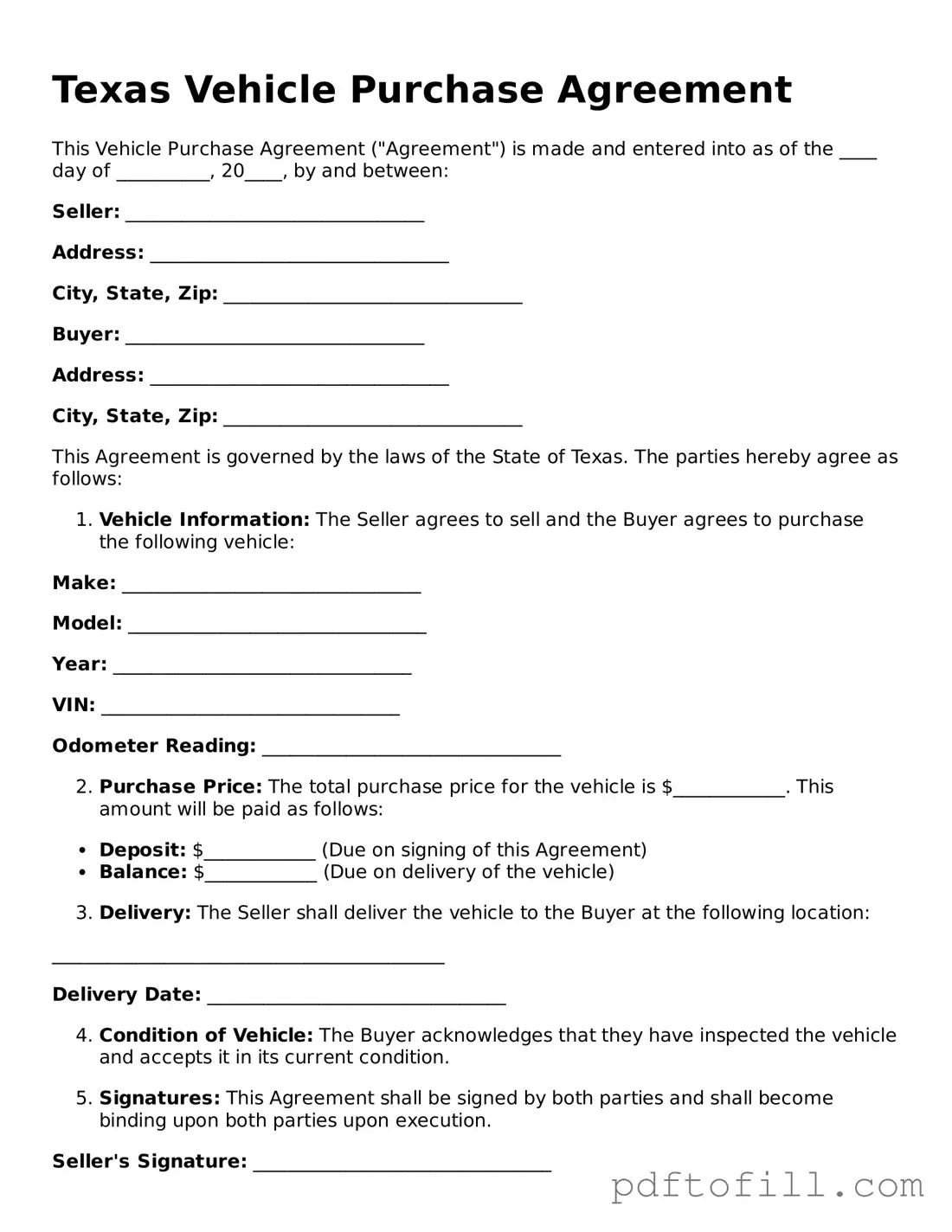 Official Texas Vehicle Purchase Agreement Form