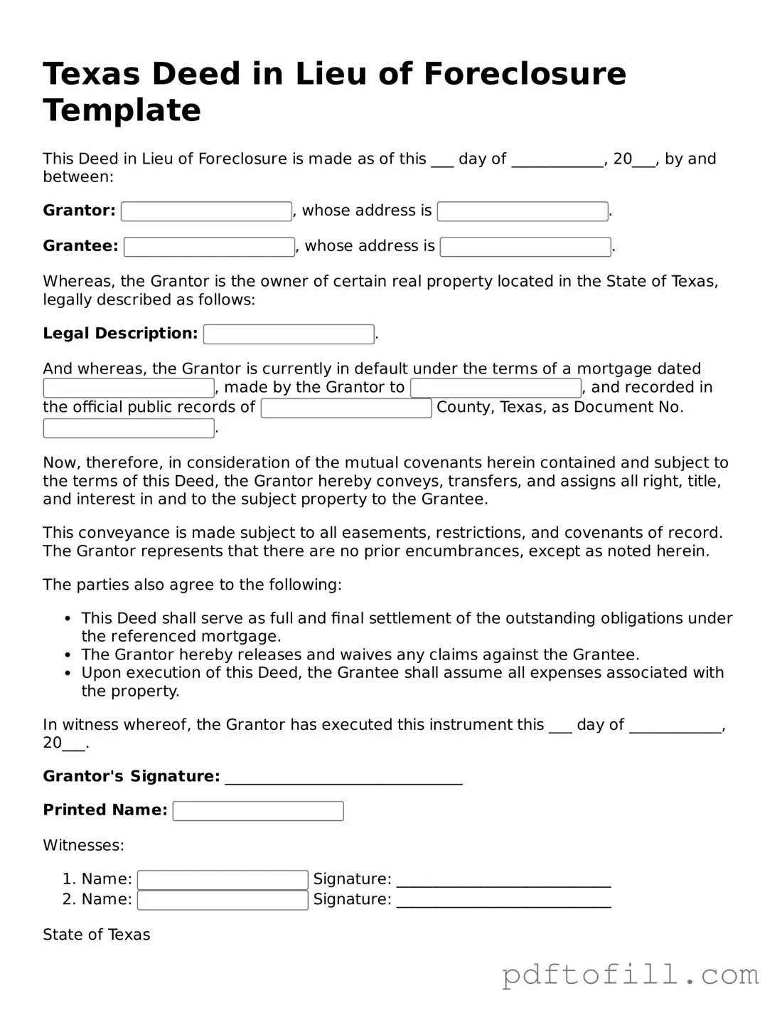 Official Texas Deed in Lieu of Foreclosure Form