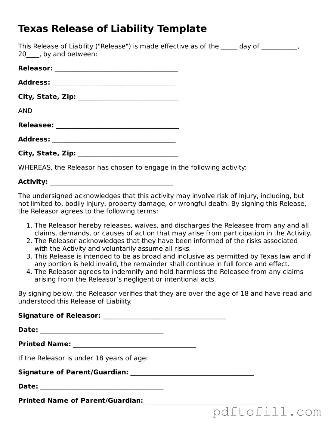 Official Texas Release of Liability Form