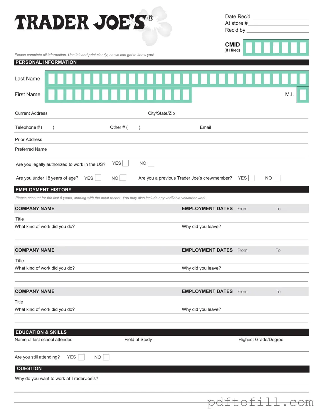 Free Trader Joe's application PDF Form