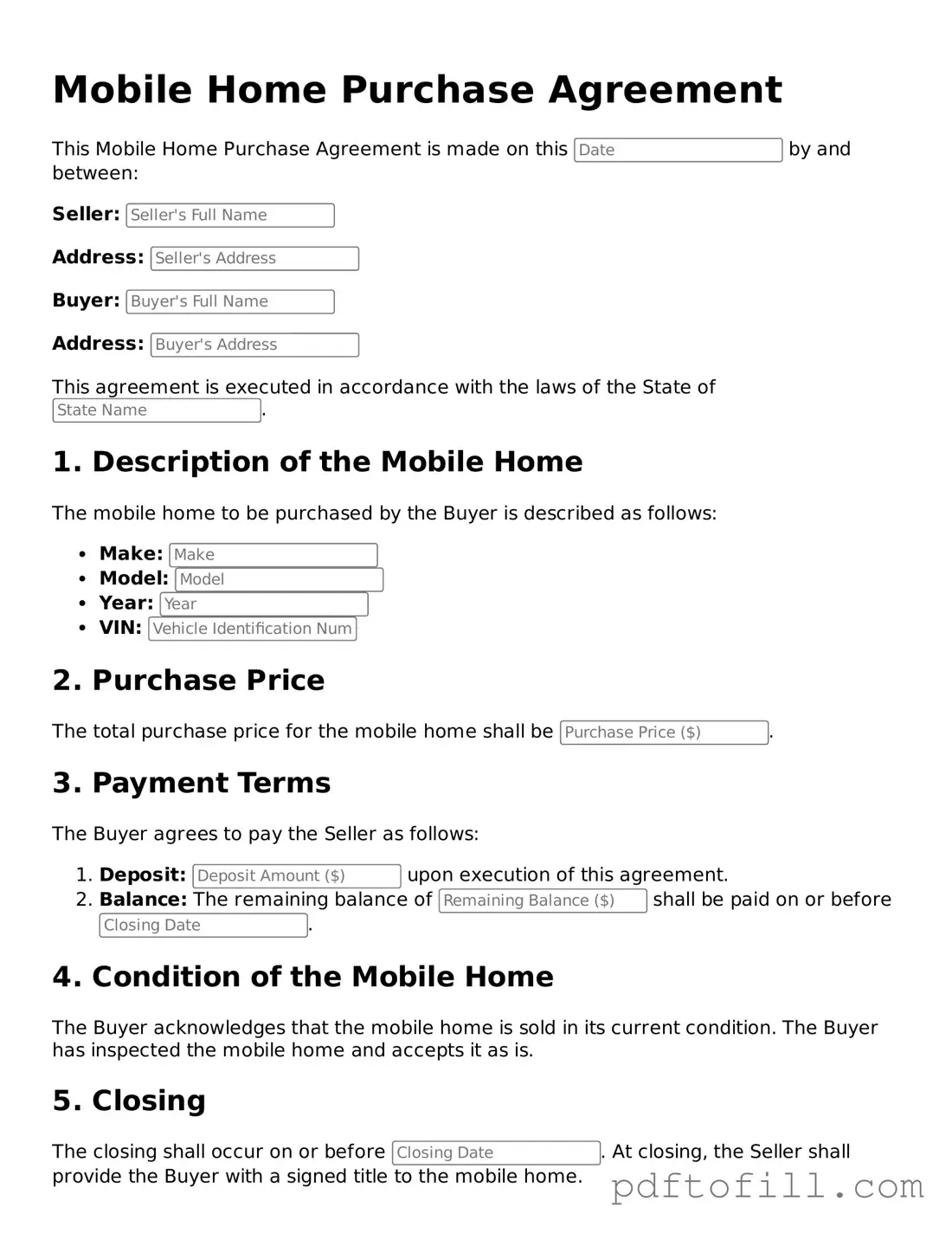 Printable Mobile Home Purchase Agreement Template