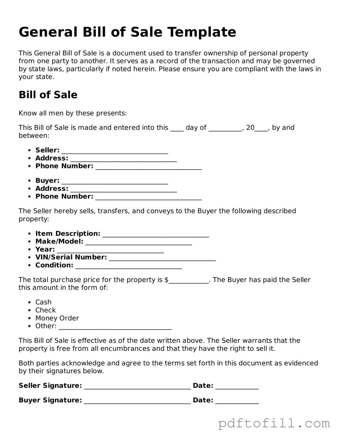 Printable General Bill of Sale Template