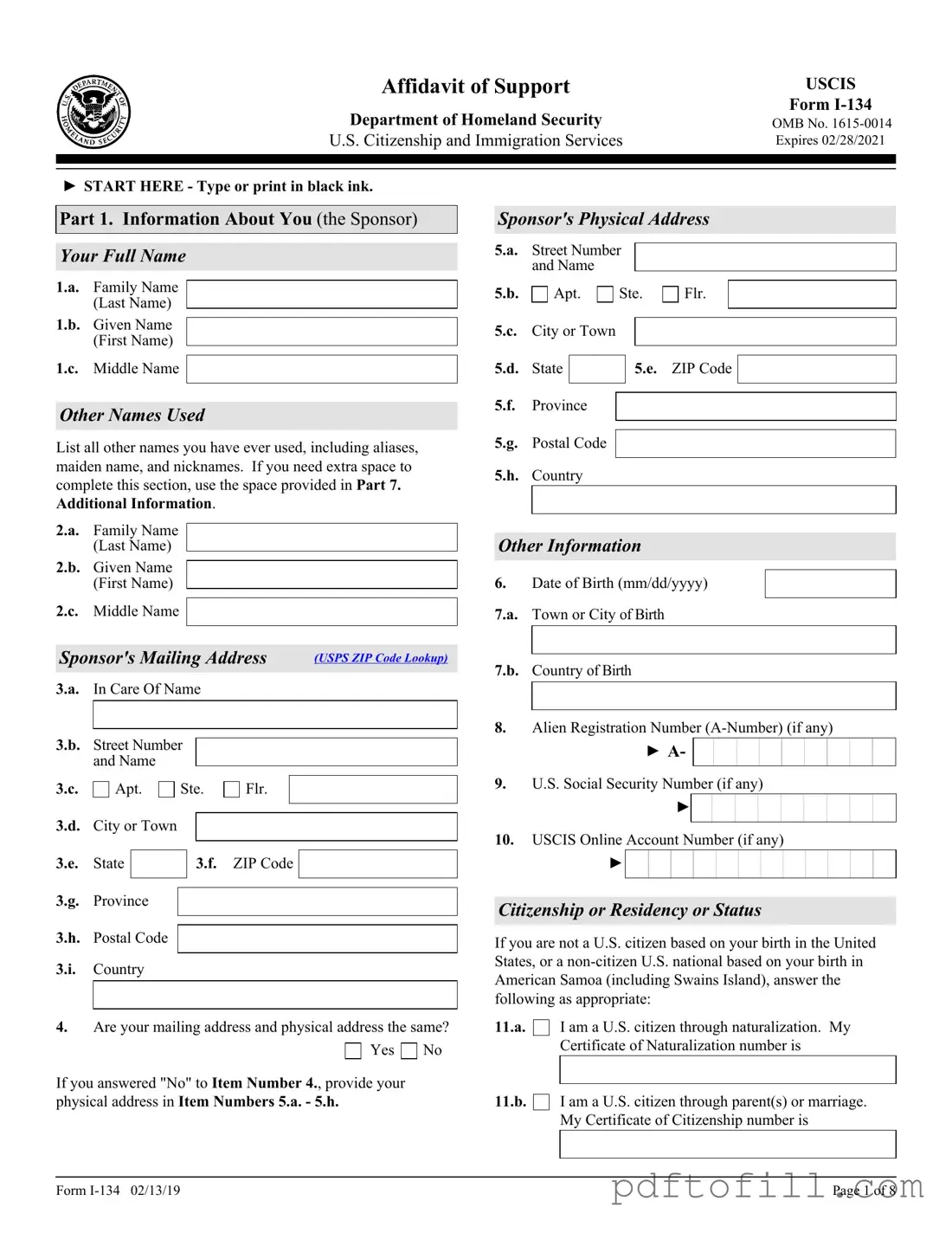 Free USCIS I-134 PDF Form