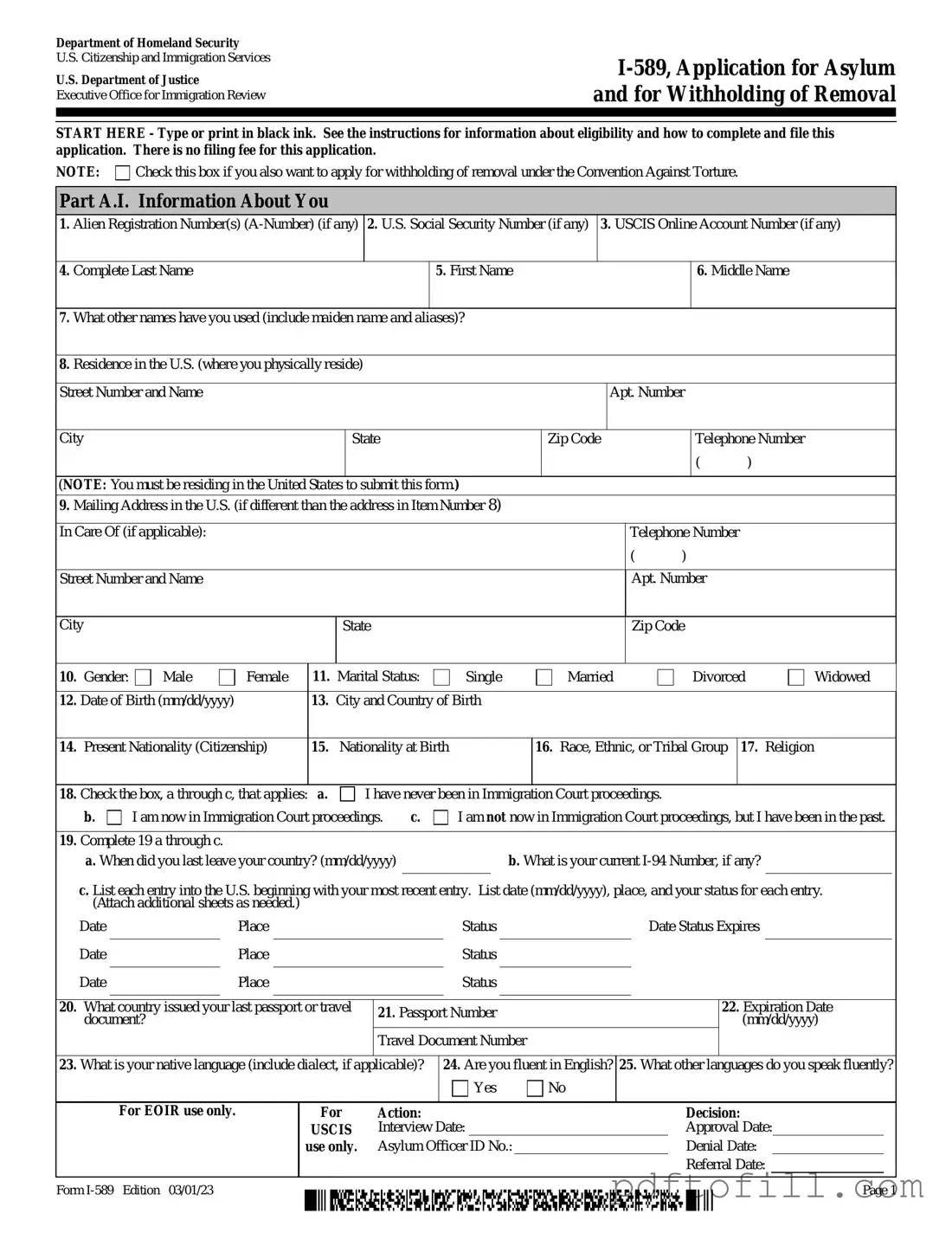 Free USCIS I-589 PDF Form