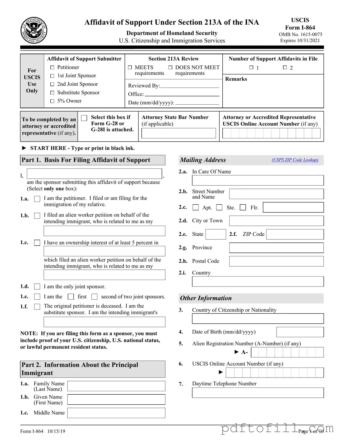 Free USCIS I-864 PDF Form