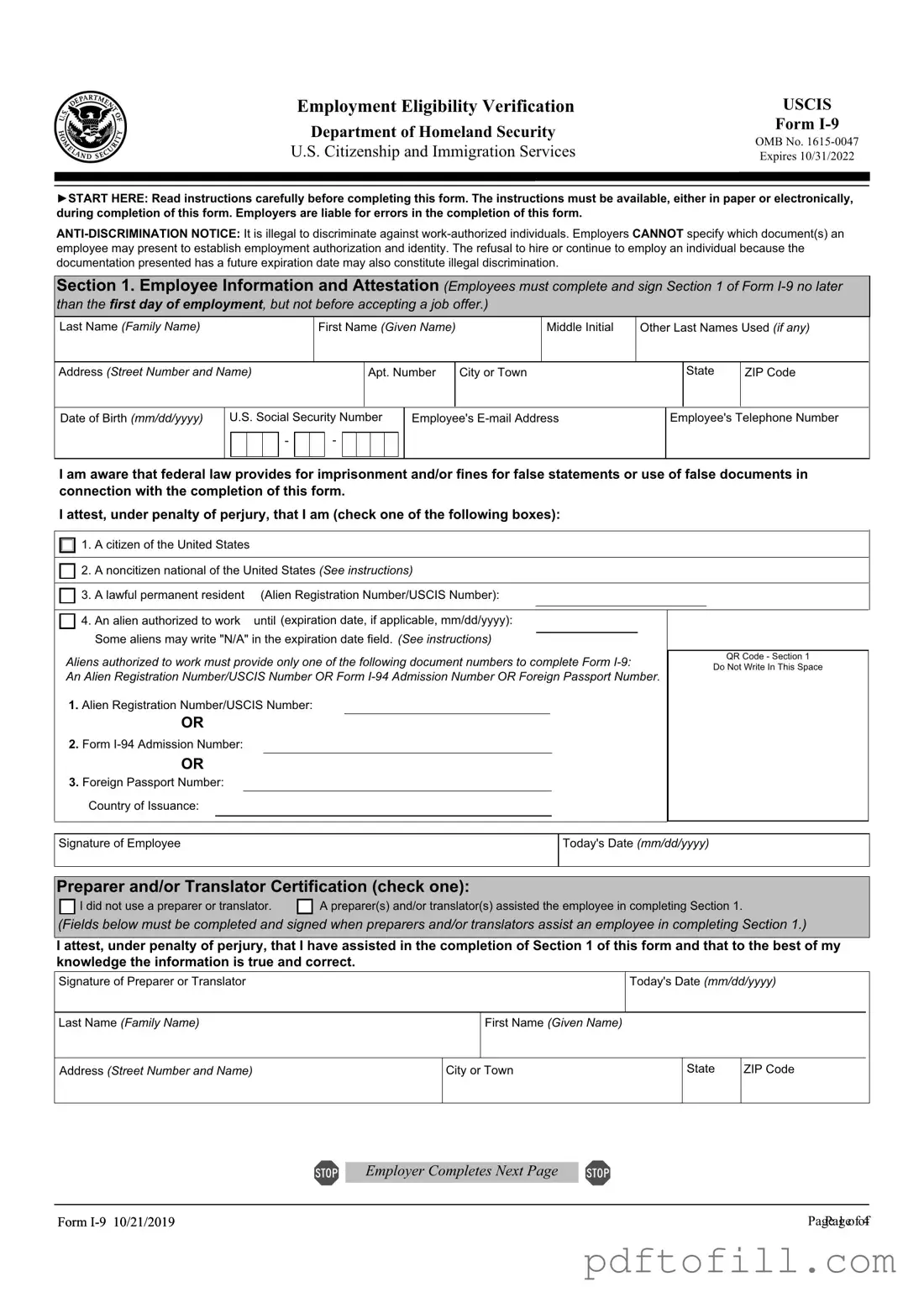 Free USCIS I-9 PDF Form