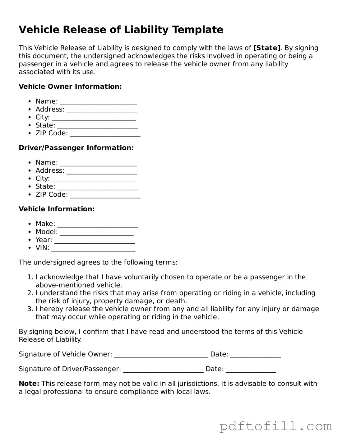 Printable Vehicle Release of Liability Template