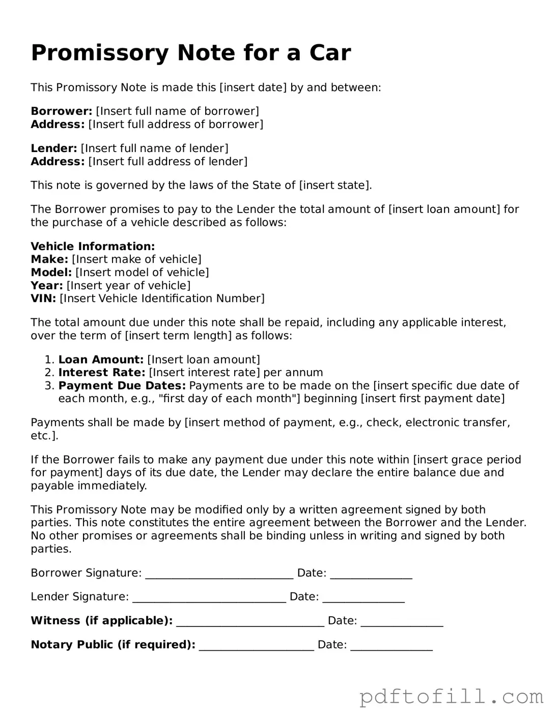 Printable Promissory Note for a Car Template