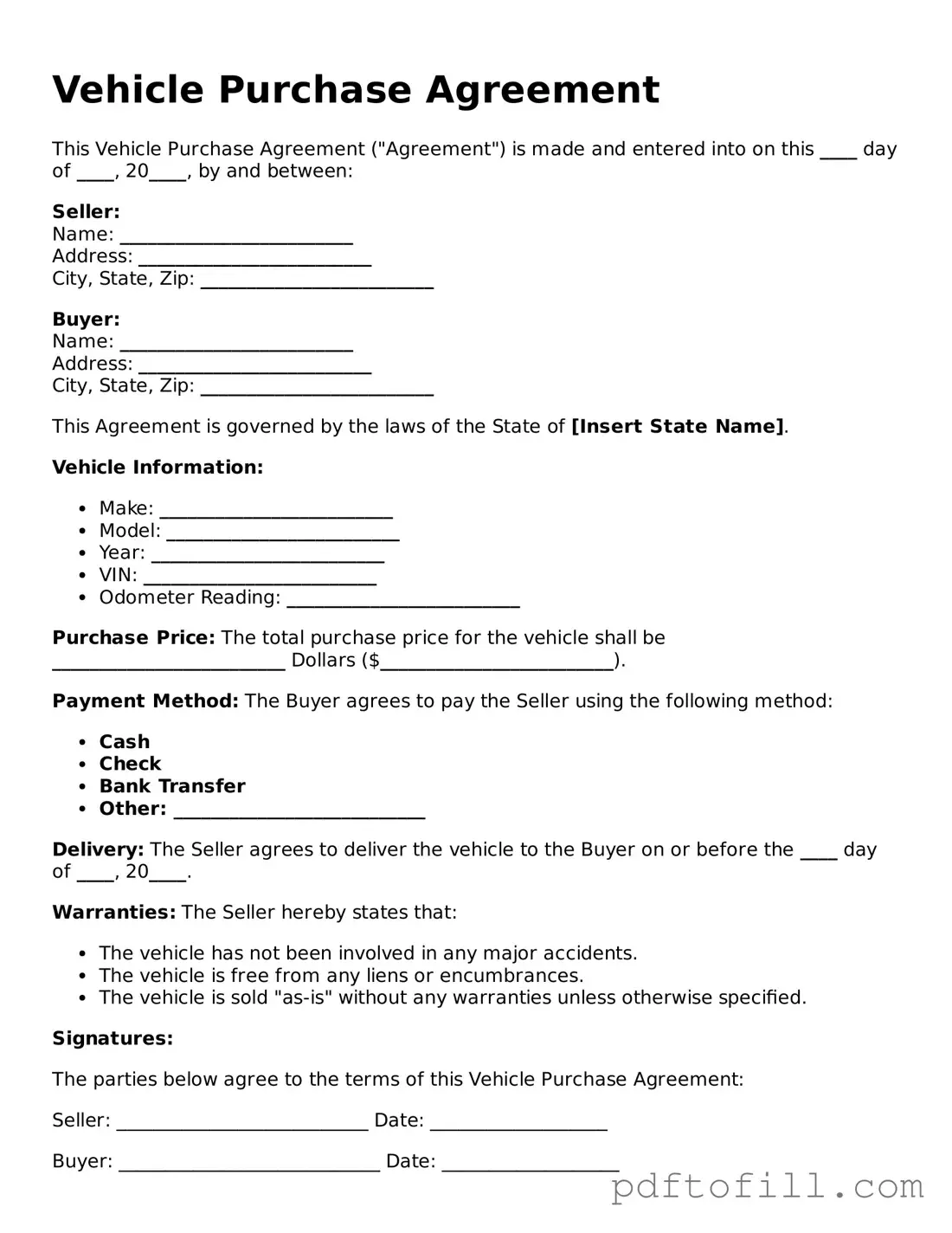 Printable Vehicle Purchase Agreement Template