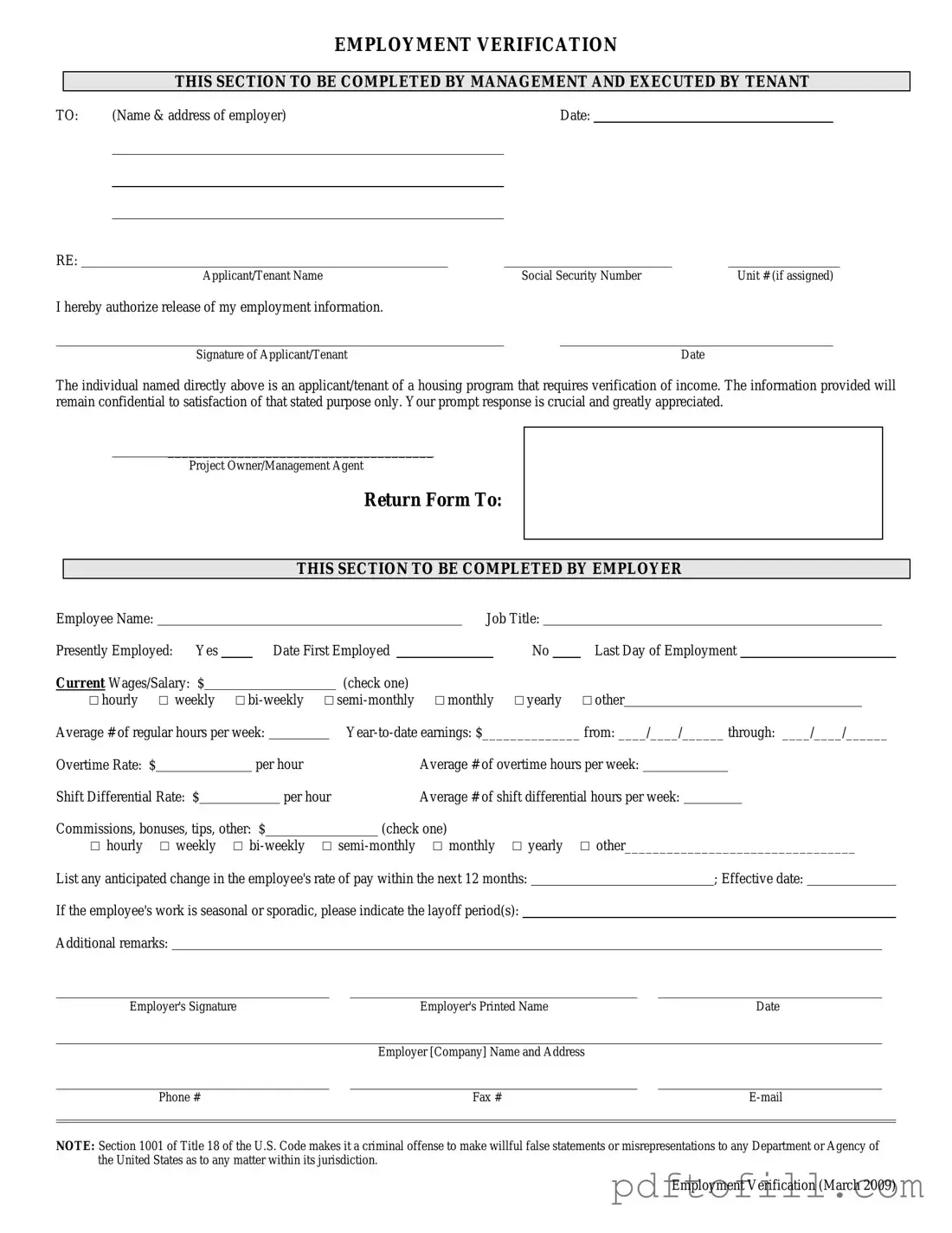 Free Employment verification form PDF Form