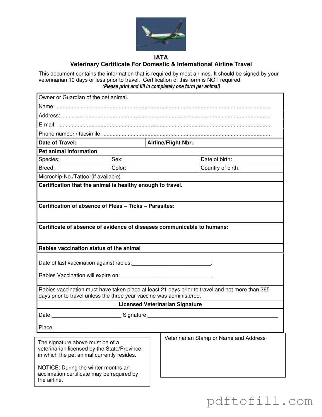 Free Veterinary Certificate Travel PDF Form