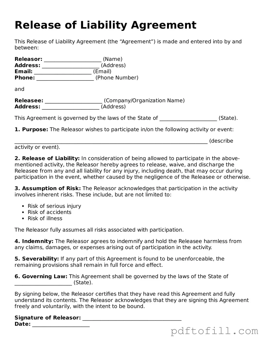 Printable Release of Liability Template