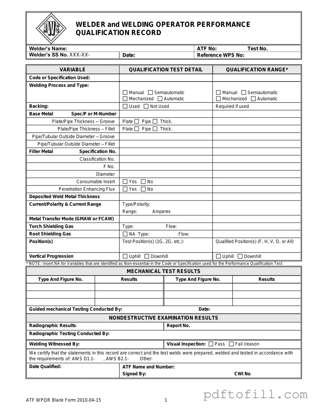 Free Welder Performance Qualification Record PDF Form