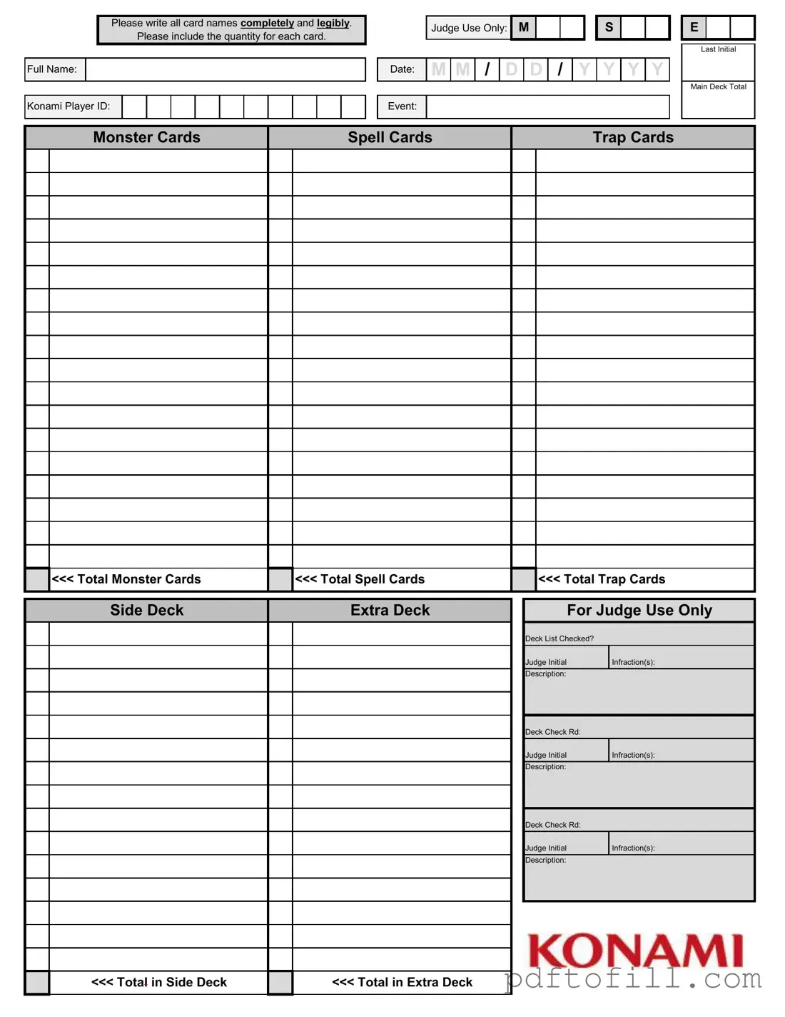 Free Konami Decklist PDF Form